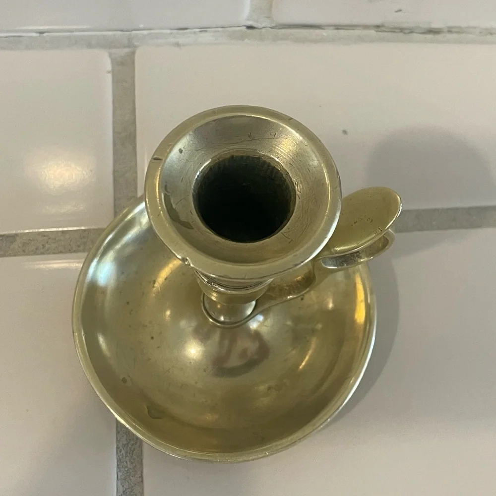 Vintage Handmade Brass Chamber Stick Candle Holder with Finger Loop & Drip